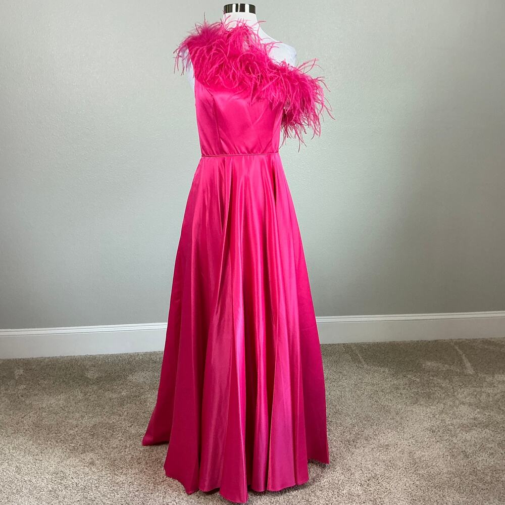 Mac Duggal 11684 Pink Evening Gown Satin One Shoulder Feather Trim Dress Size 4 - Picture 2 of 11